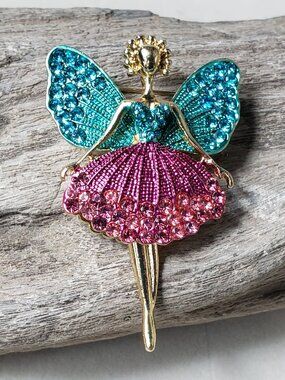 Blue and Pink Rhinestone Ballerina Fairy Brooch Pendant with Movable Legs
